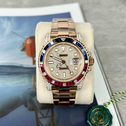 Rolex GMT-Master II 126755 SARU-DIAO Mejor edición 1:1 Piedra rubí y moissanita Oro de 18 quilates