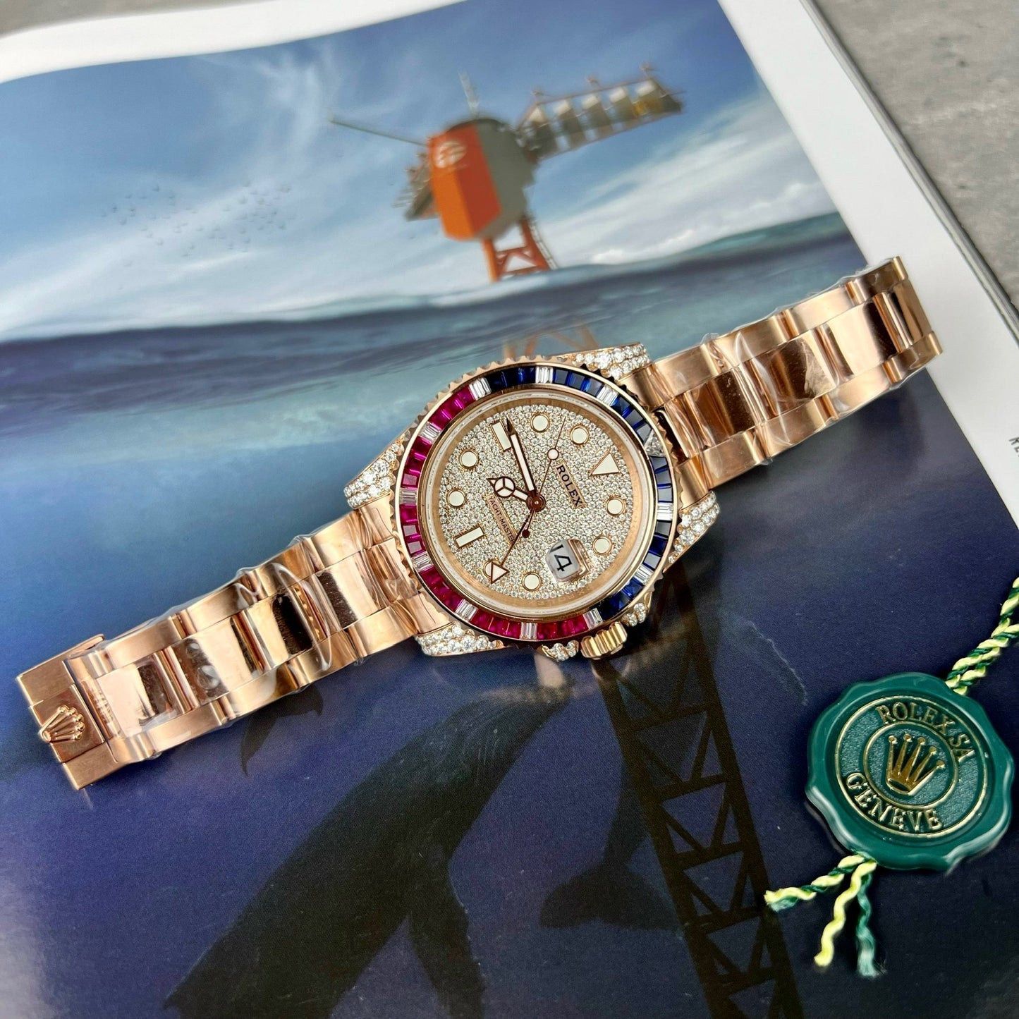 Rolex GMT-Master II 126755 SARU-DIAO Mejor edición 1:1 Piedra rubí y moissanita Oro de 18 quilates