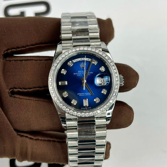 Rolex Day Date M128349RBR-0016 Bisel de piedra 1:1 Mejor edición EW Factory Esfera azul