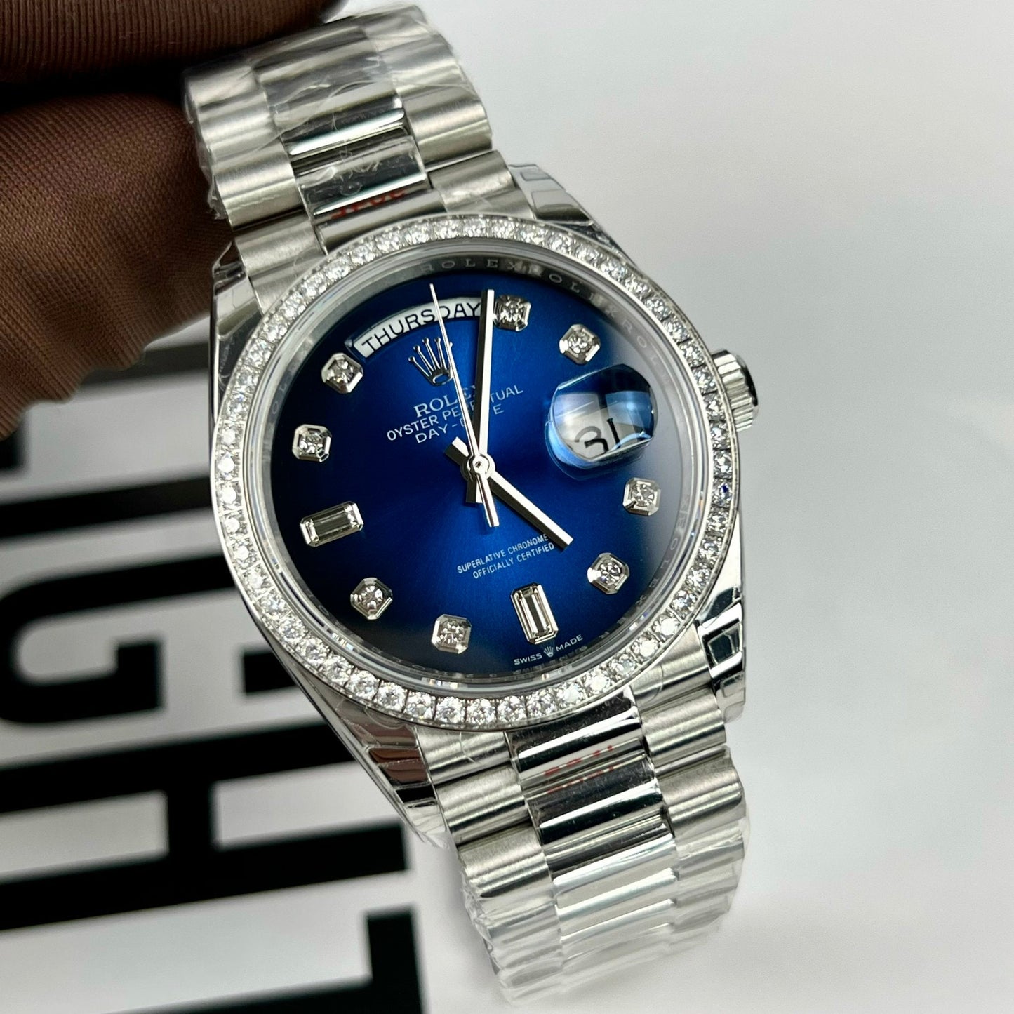 Rolex Day Date M128349RBR-0016 Stone Bezel 1:1 Best Edition EW Factory Blue Dial