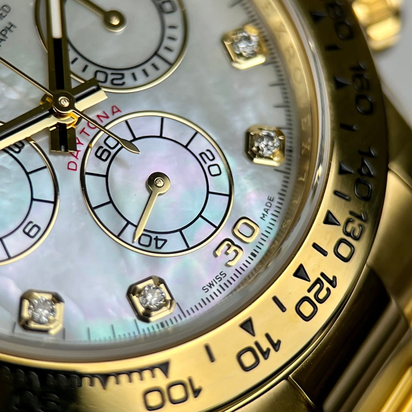 Replica Rolex Cosmograph Daytona 40mm Yellow Gold Mother of Pearl Diamond Dial 116528