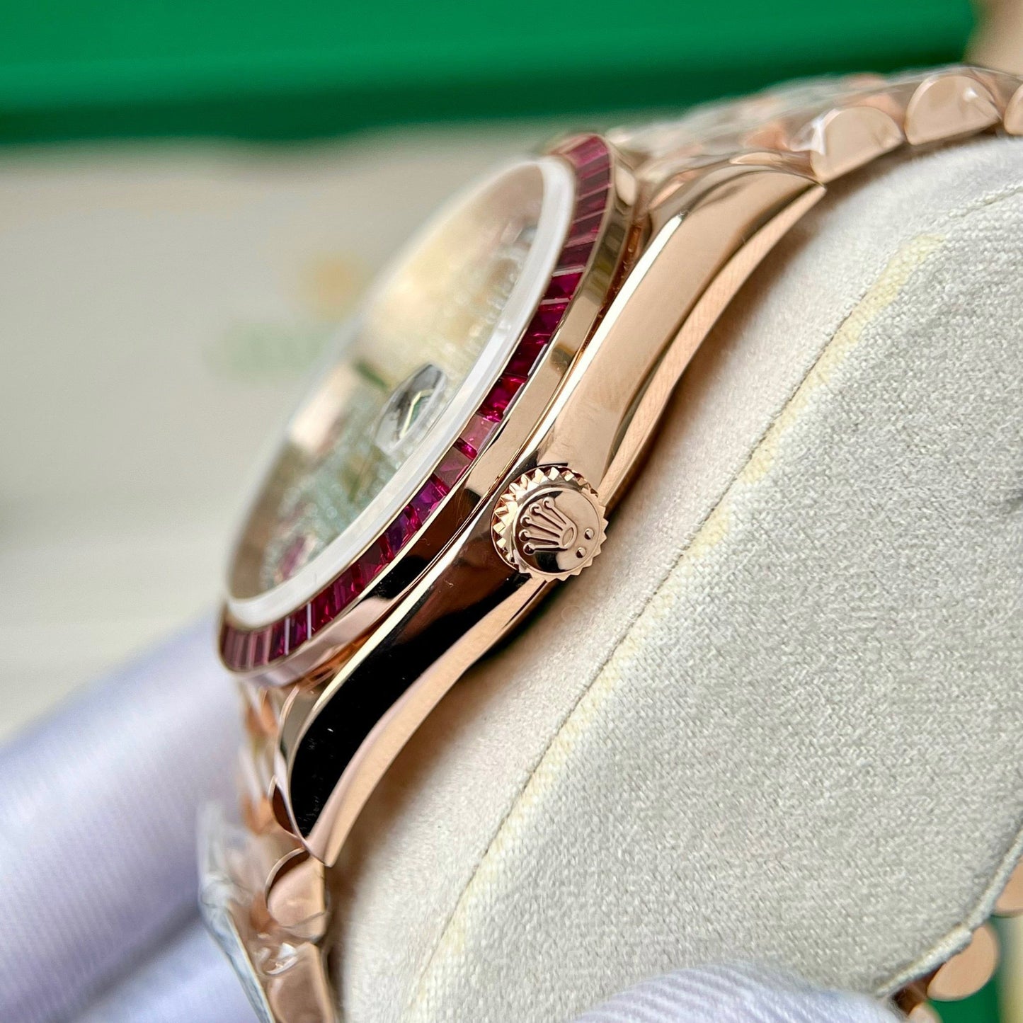 Rolex Day Date 228398 DRRP 1:1 migliore edizione Custom oro rosa 18 carati e rubino zaffiro Diamond Pave