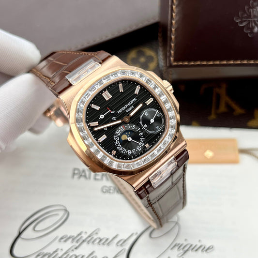 Patek Philippe Nautilus 5724R-001 GR fábrica 1:1 mejor edición Esfera negra Oro rosa y piedra