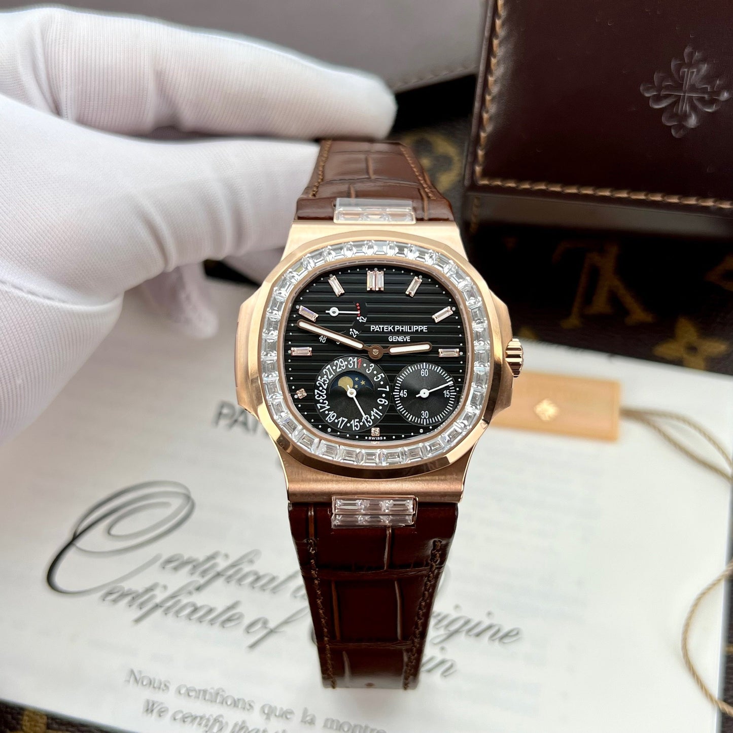 Patek Philippe Nautilus 5724R-001 GR fábrica 1:1 mejor edición Esfera negra Oro rosa y piedra