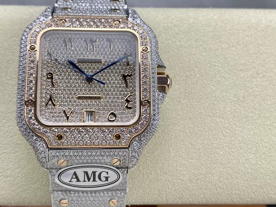 Santos De Cartier Relojes con diamantes Numérico Esfera de oro rosa 1:1 Mejor edición AMG Factory Swarovski Stone