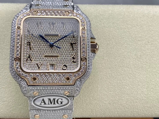 Santos De Cartier Relojes con diamantes Numérico Esfera de oro rosa 1:1 Mejor edición AMG Factory Swarovski Stone