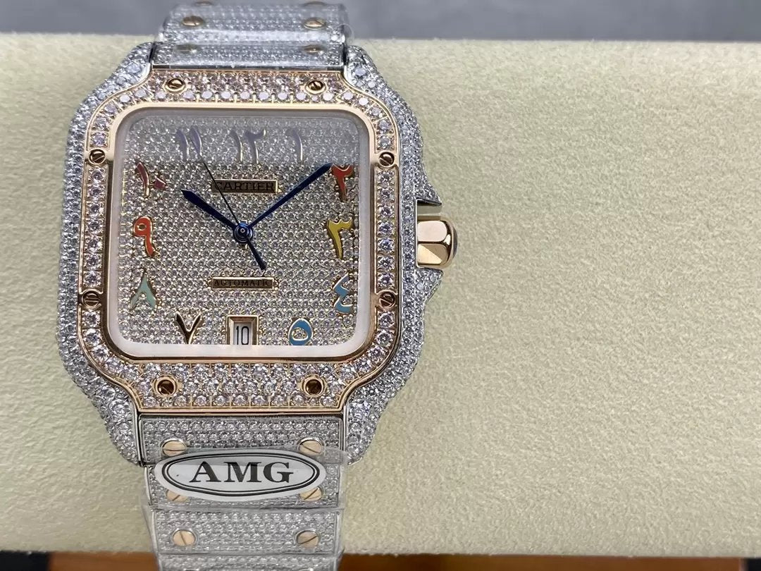 Santos De Cartier Relojes con diamantes Color numérico Esfera de oro rosa 1:1 Mejor edición AMG Factory Swarovski Stone