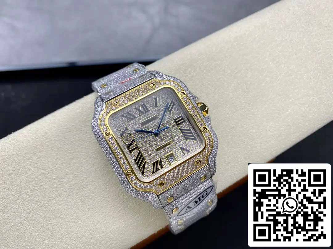 Santos De Cartier Diamond Roman Numeric Dial Oro giallo 1: 1 Best Edition AMG Factory Swarovski Stone