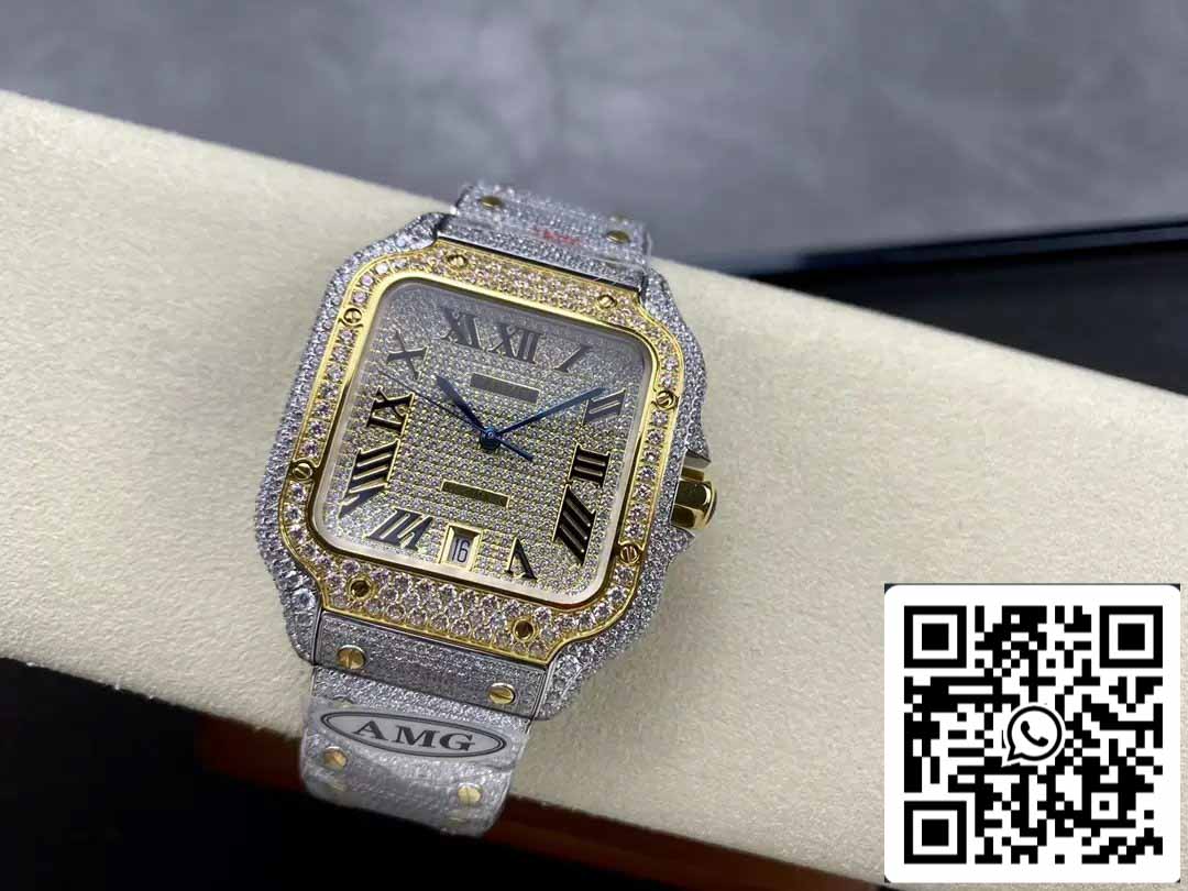 Santos De Cartier Diamond Roman Numeric Dial Oro giallo 1: 1 Best Edition AMG Factory Swarovski Stone