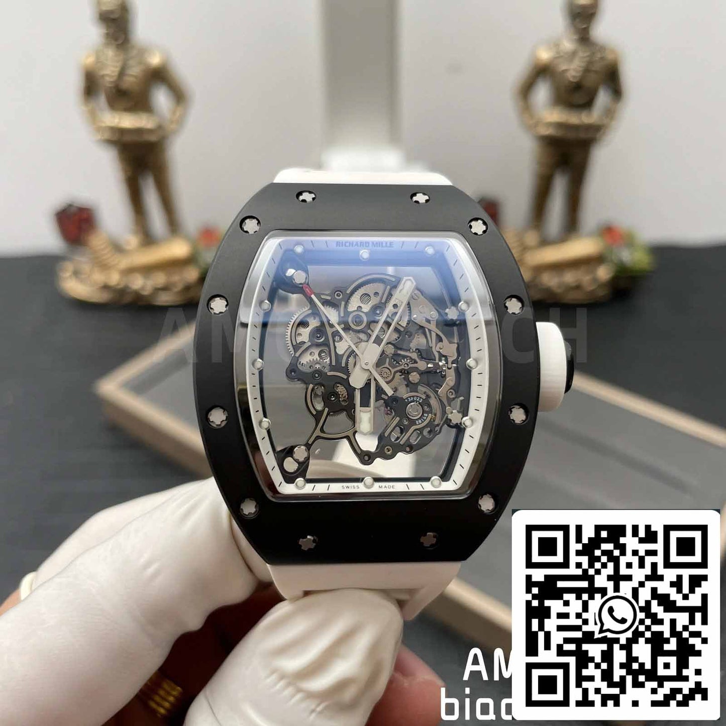 BBR Factory [V3] RICHARD MILLE RM055 RM-055 Cassa in ceramica nera Cinturino in caucciù bianco 