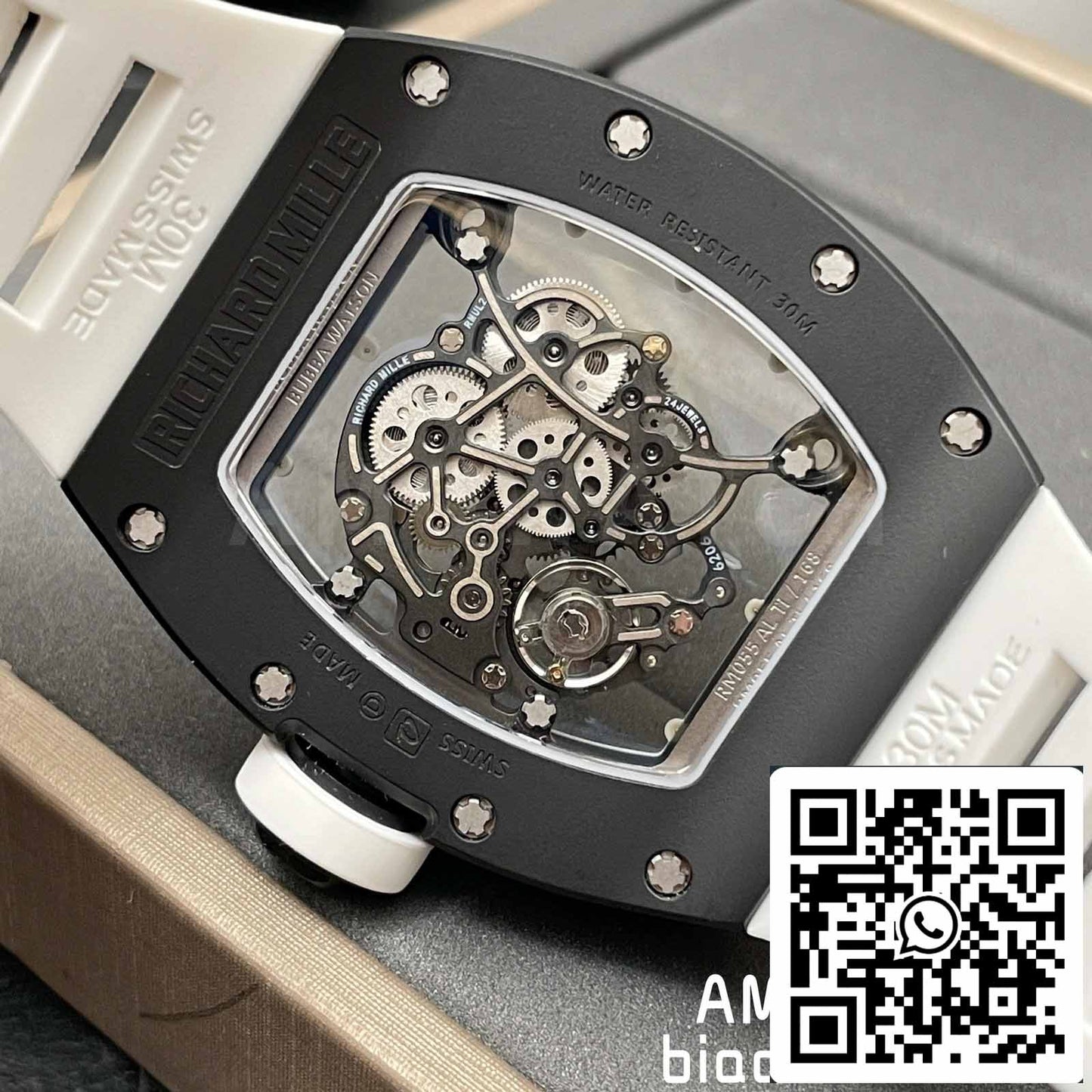 BBR Factory [V3] RICHARD MILLE RM055 RM-055 Cassa in ceramica nera Cinturino in caucciù bianco 