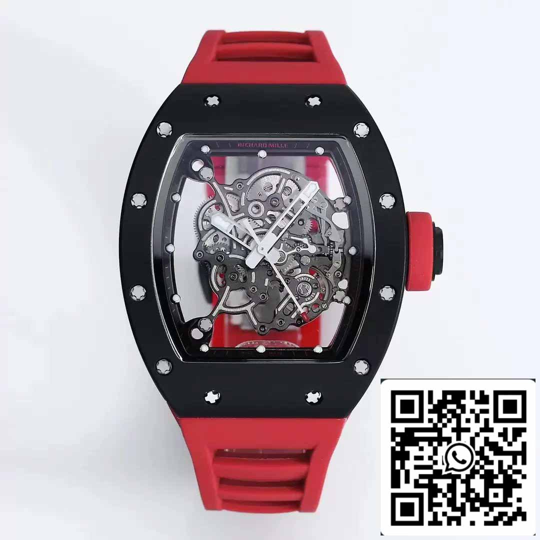 BBR Factory [V3] RICHARD MILLE RM055 RM-055 Cassa in ceramica nera Cinturino in caucciù rosso 