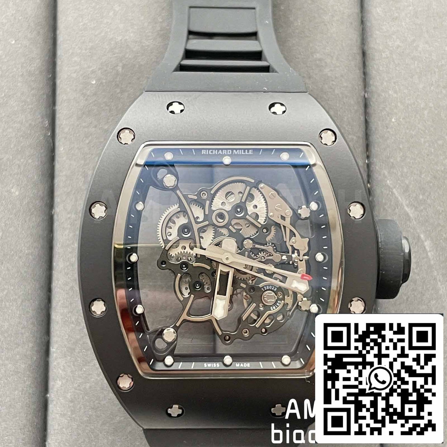 BBR Factory [V3] RICHARD MILLE RM055 RM-055 Cassa in ceramica nera Cinturino in caucciù nero 