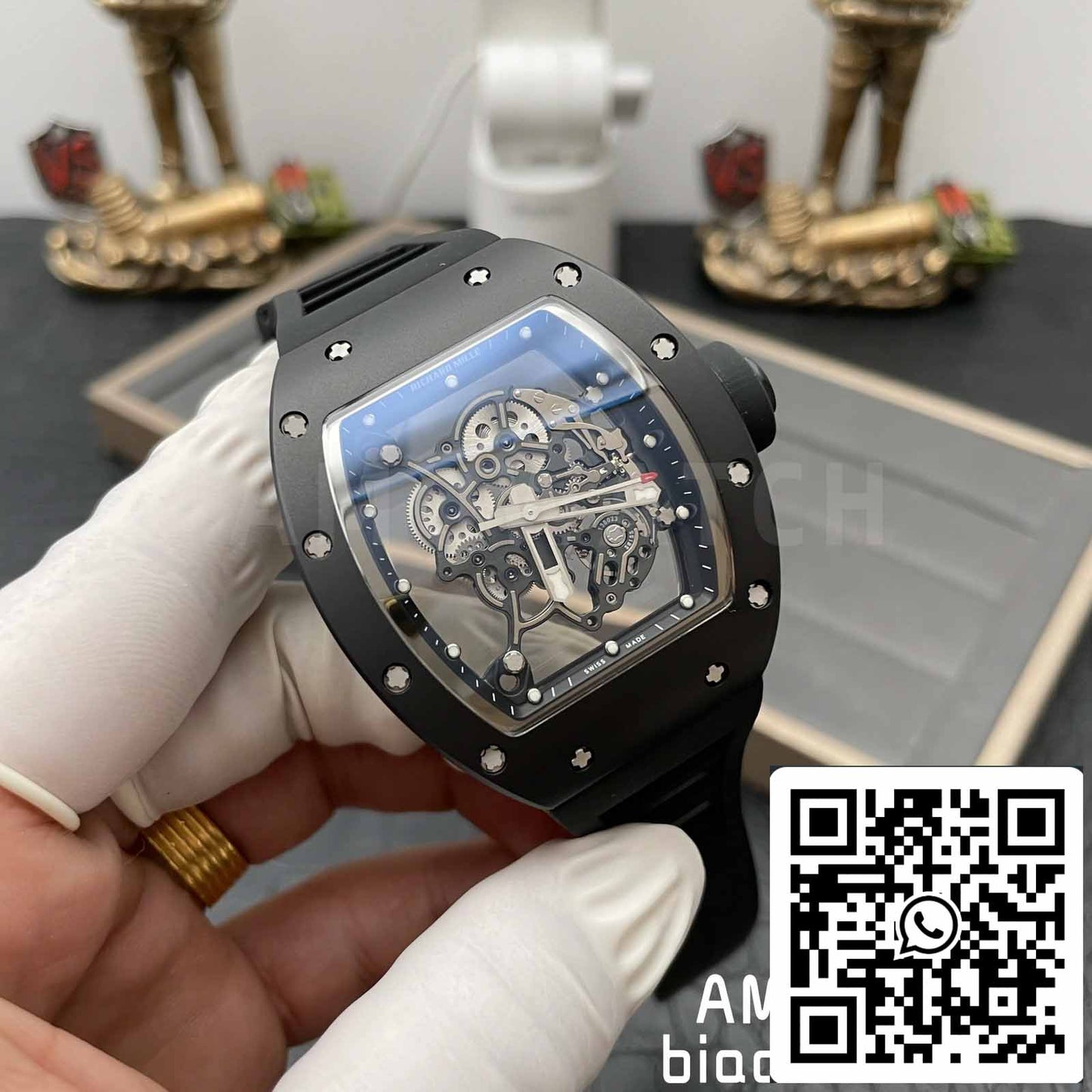 BBR Factory [V3] RICHARD MILLE RM055 RM-055 Cassa in ceramica nera Cinturino in caucciù nero 