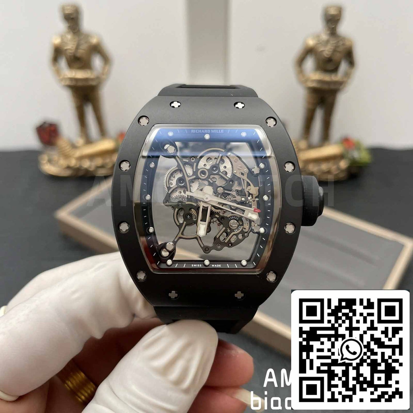 BBR Factory [V3] RICHARD MILLE RM055 RM-055 Cassa in ceramica nera Cinturino in caucciù nero 