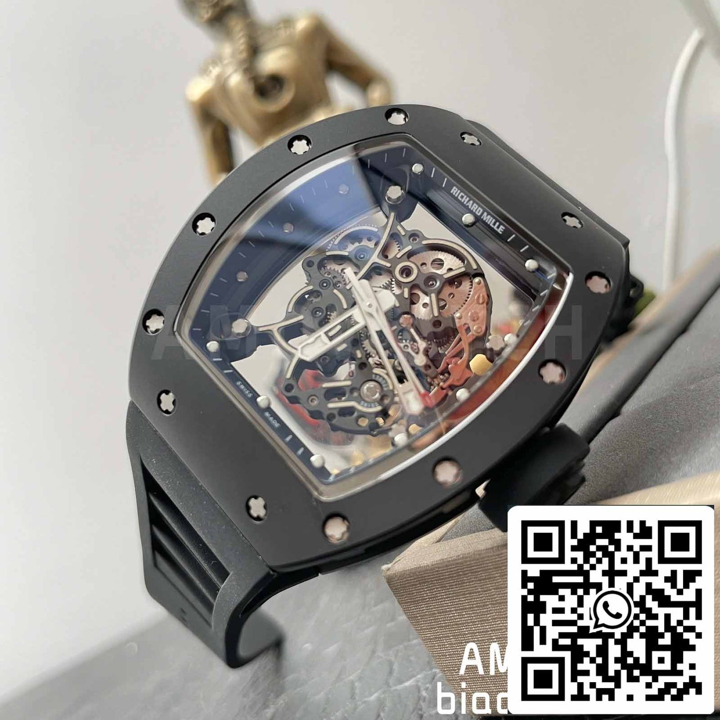 BBR Factory [V3] RICHARD MILLE RM055 RM-055 Cassa in ceramica nera Cinturino in caucciù nero 