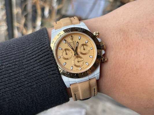 【Versione modificata DIW del movimento 4130】 Cassa in fibra di carbonio con quadrante giallo serie Rolex Cosmograph Daytona