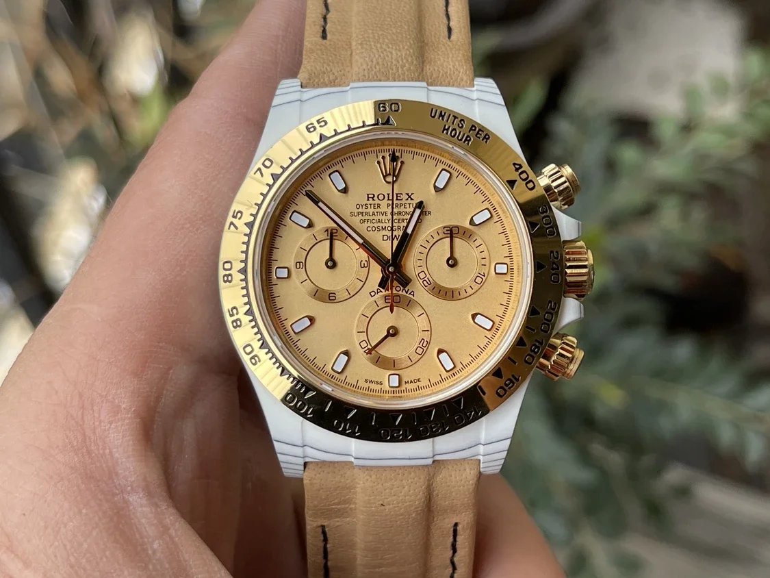 【Versione modificata DIW del movimento 4130】 Cassa in fibra di carbonio con quadrante giallo serie Rolex Cosmograph Daytona