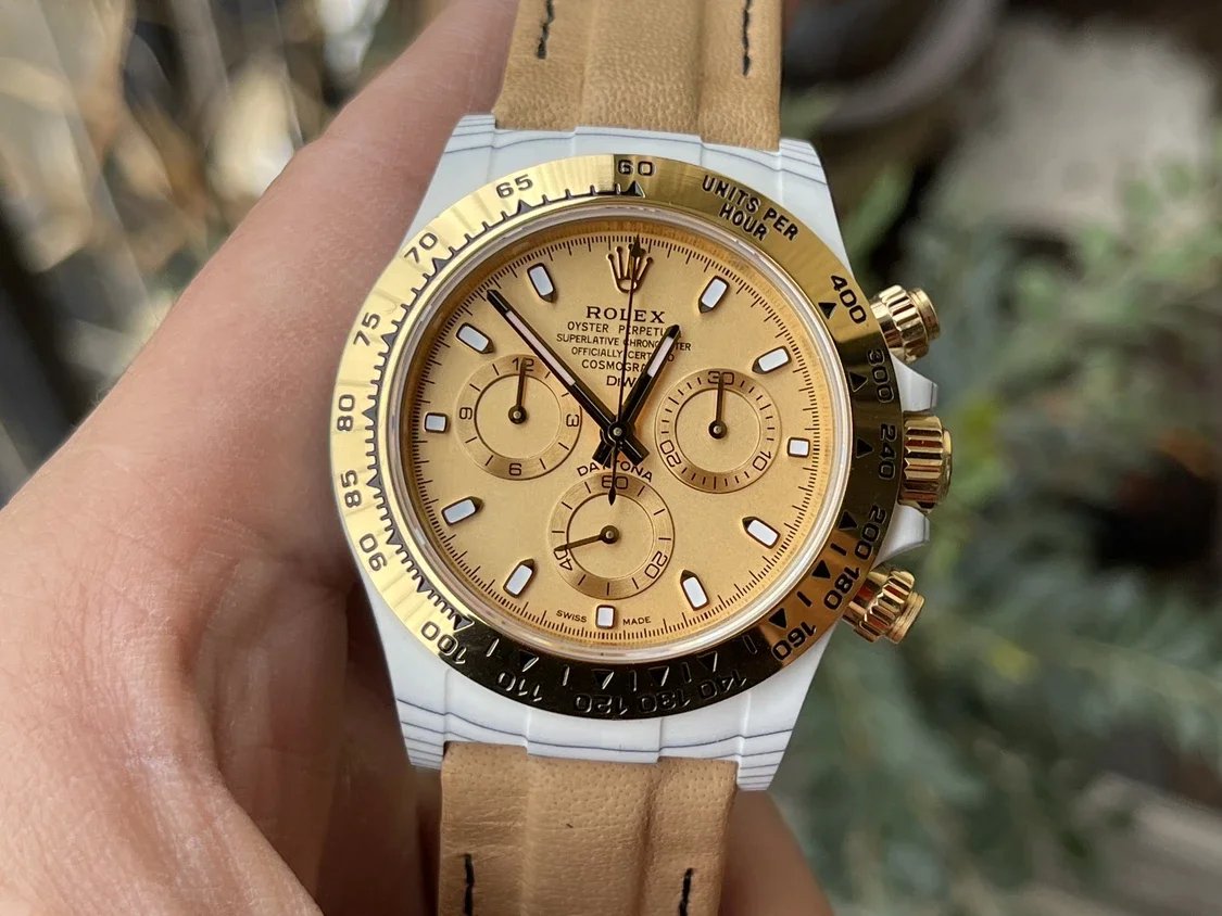 【Versione modificata DIW del movimento 4130】 Cassa in fibra di carbonio con quadrante giallo serie Rolex Cosmograph Daytona