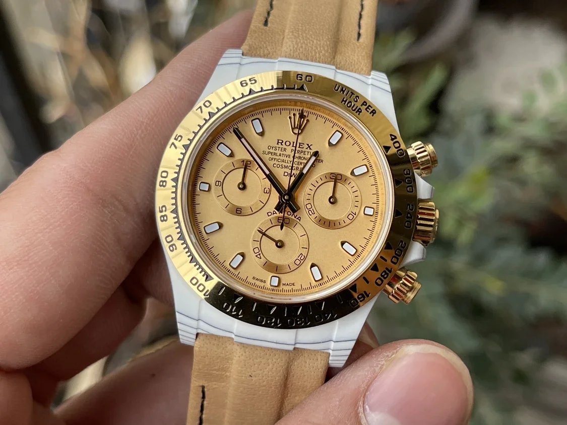 【Versione modificata DIW del movimento 4130】 Cassa in fibra di carbonio con quadrante giallo serie Rolex Cosmograph Daytona