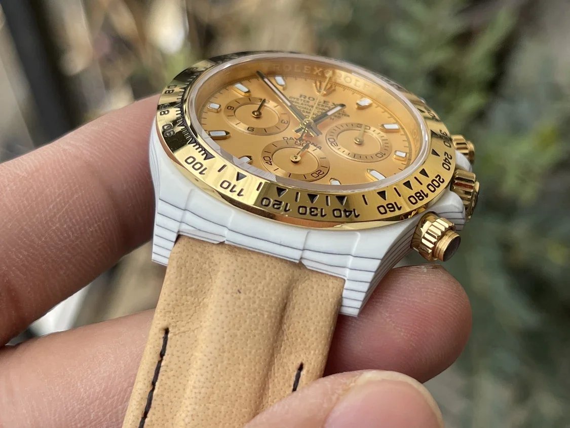 【Versione modificata DIW del movimento 4130】 Cassa in fibra di carbonio con quadrante giallo serie Rolex Cosmograph Daytona