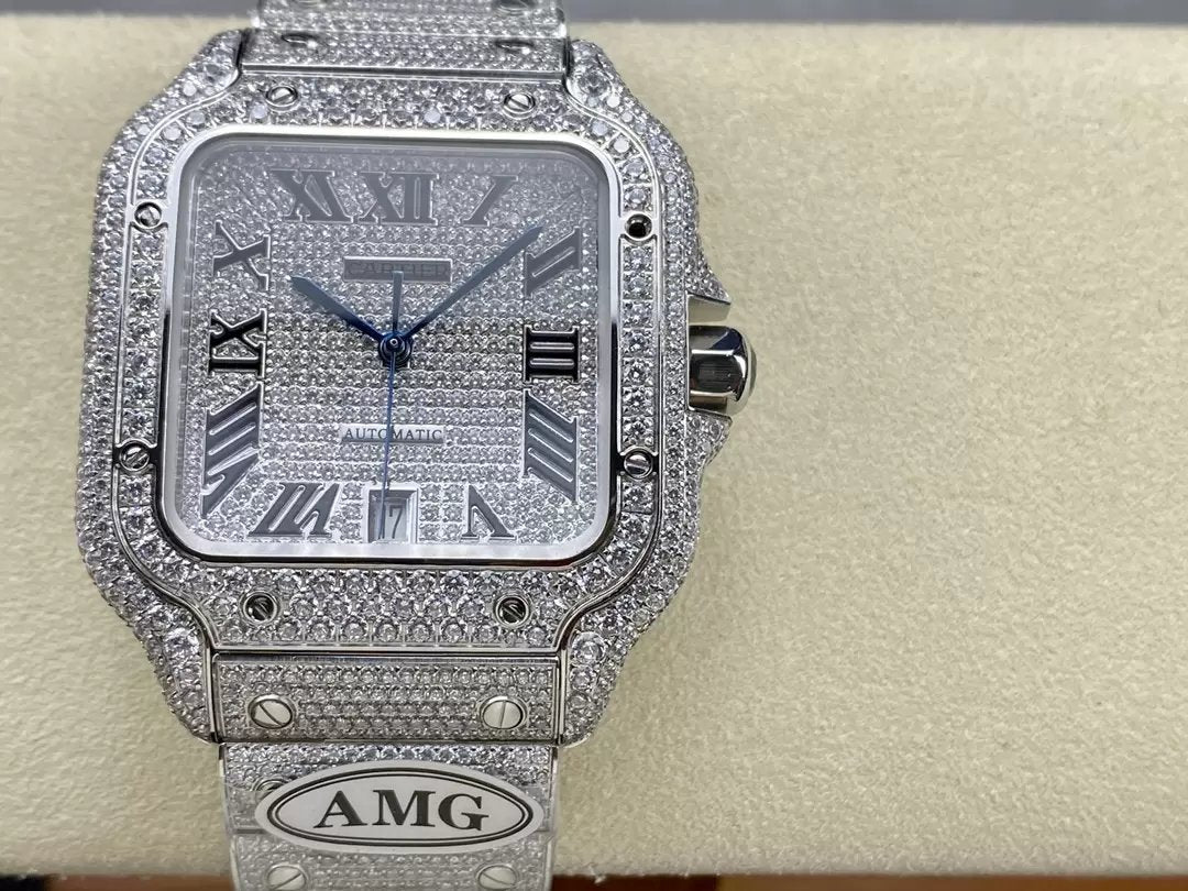 Santos De Cartier Diamond Numeric Silver Dial 1: 1 Best Edition AMG Factory Swarovski Stone