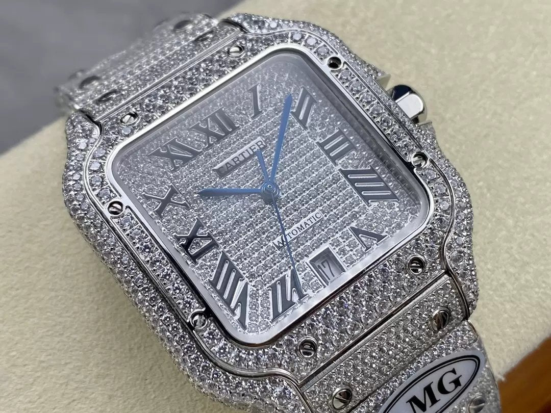 Santos De Cartier Diamond Numeric Silver Dial  1:1 Best Edition AMG Factory Swarovski Stone