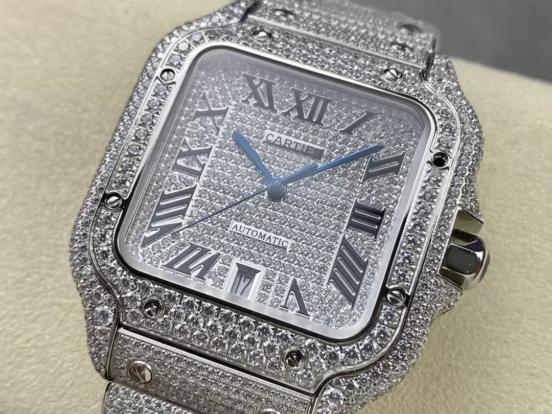 Santos De Cartier Diamond Numeric Silver Dial  1:1 Best Edition AMG Factory Swarovski Stone