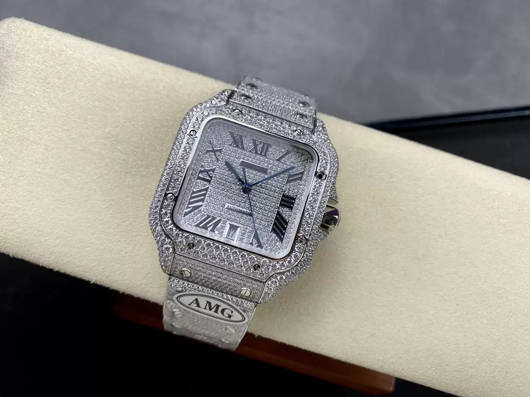 Santos De Cartier Diamond Numeric Silver Dial 1: 1 Best Edition AMG Factory Swarovski Stone