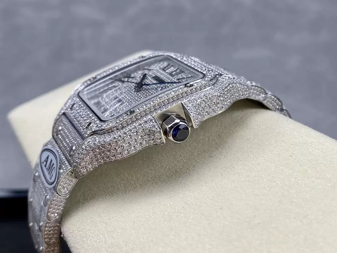 Santos De Cartier Diamond Numeric Silver Dial  1:1 Best Edition AMG Factory Swarovski Stone