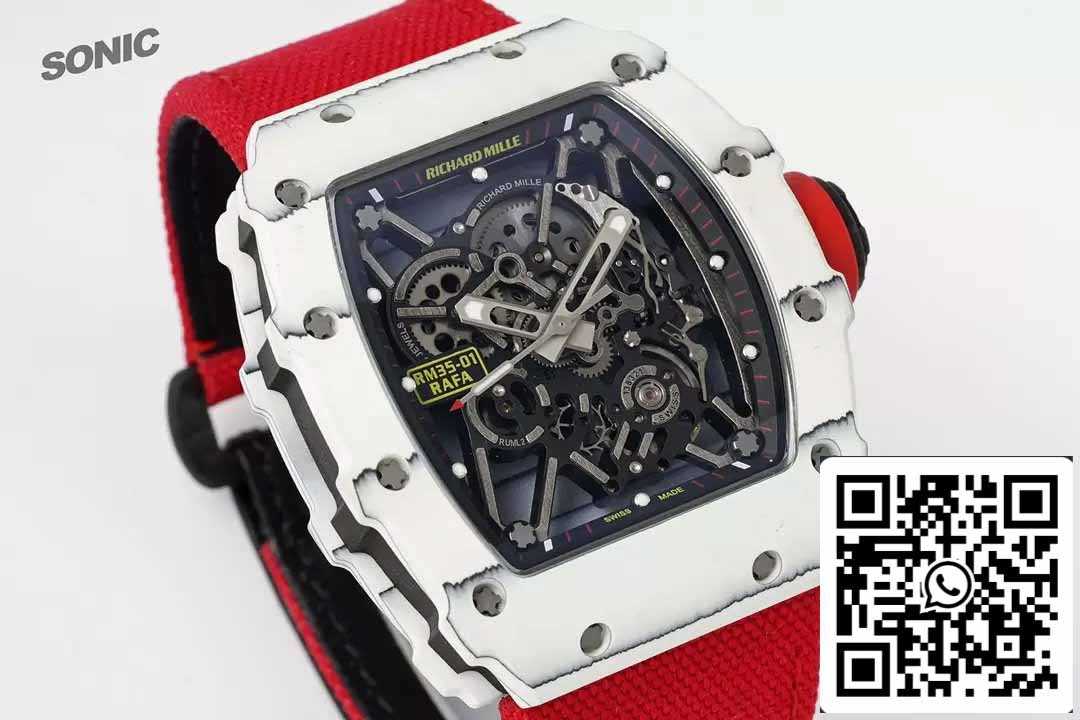 Richard Mille RM35-01 Sonic Factory 1:1 Best Edition Bianco Carbonio NTPT Cinturino Velcro Rosso