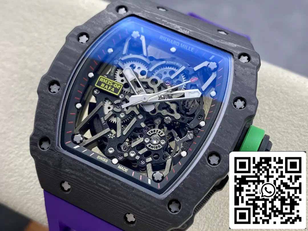 Richard Mille RM035-02 T+ Factory 1:1 Best Edition Cassa in fibra di carbonio Cinturino in gomma viola 