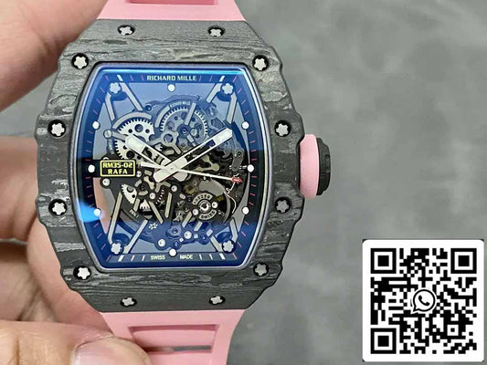 Richard Mille RM035-02 T+ Factory 1:1 Best Edition Caja de fibra de carbono Correa de caucho rosa 