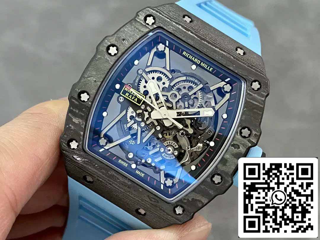 Richard Mille RM035-02 T+ Factory 1:1 Best Edition Cassa in fibra di carbonio Cinturino in gomma blu 