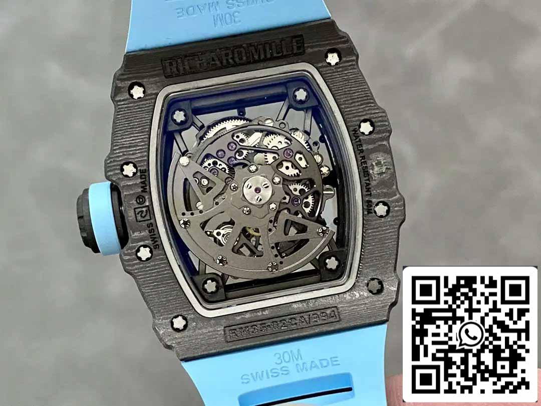 Richard Mille RM035-02 T+ Factory 1:1 Best Edition Cassa in fibra di carbonio Cinturino in gomma blu 