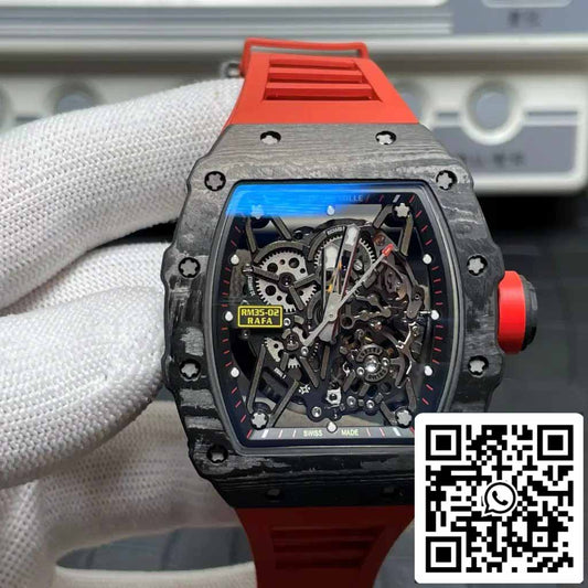 Richard Mille RM035-02 T+ Factory 1:1 Best Edition Cassa in fibra di carbonio Cinturino in gomma rossa 