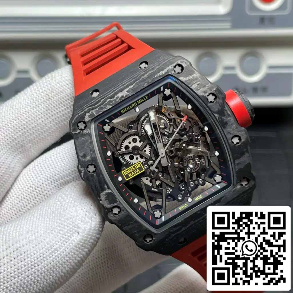 Richard Mille RM035-02 T+ Factory 1:1 Best Edition Cassa in fibra di carbonio Cinturino in gomma rossa 