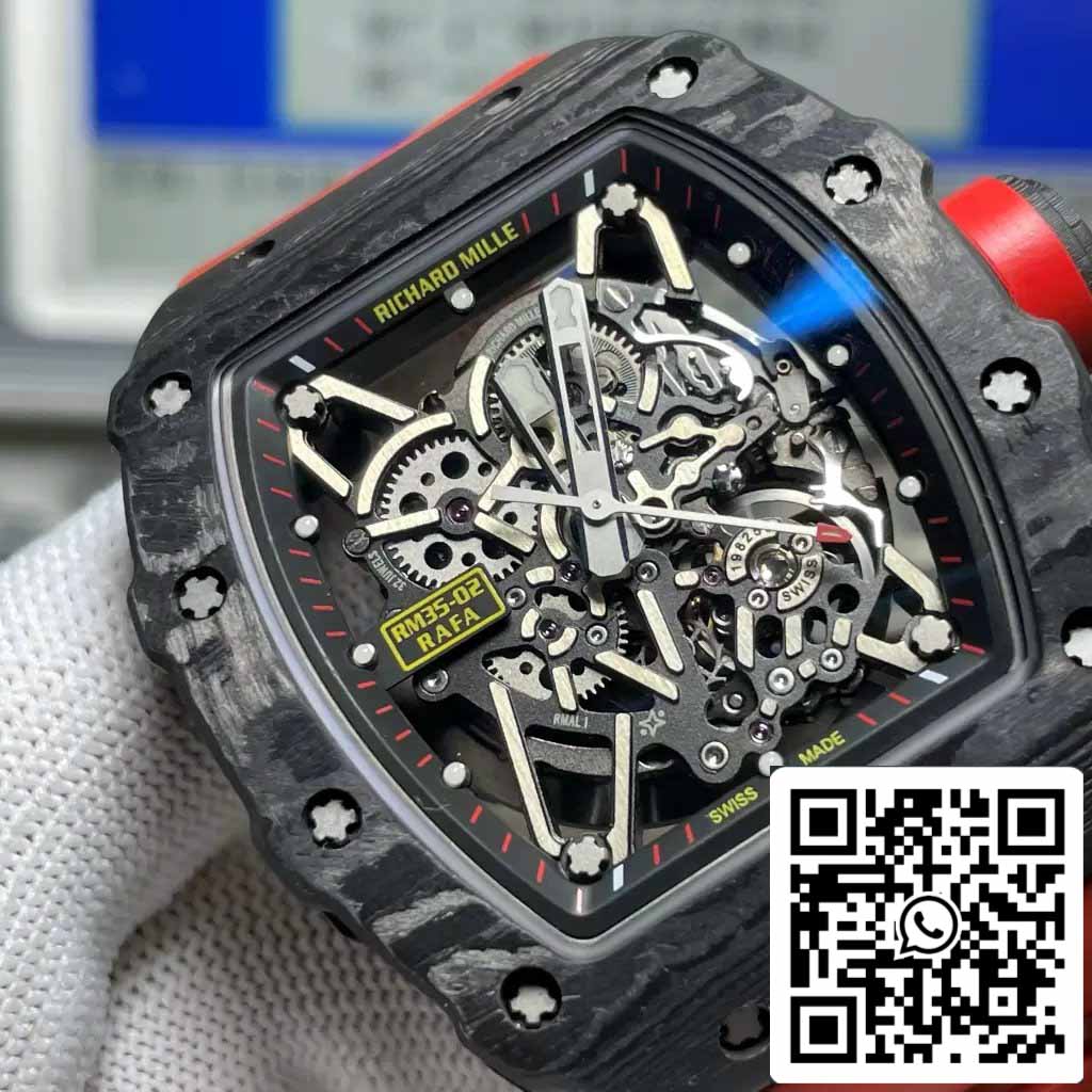 Richard Mille RM035-02 T+ Factory 1:1 Best Edition Cassa in fibra di carbonio Cinturino in gomma rossa 