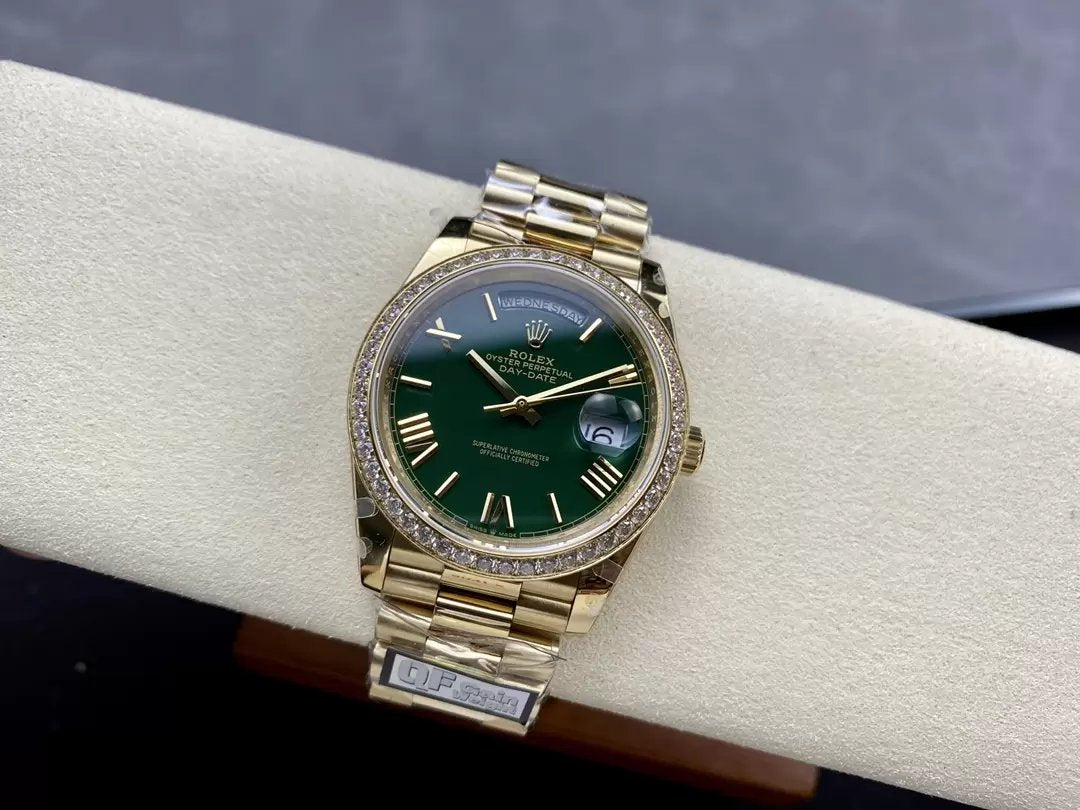 Rolex Day Date M228238 V5 40 mm QF Factory 1:1 Best Edition Esfera verde Bisel Piedra