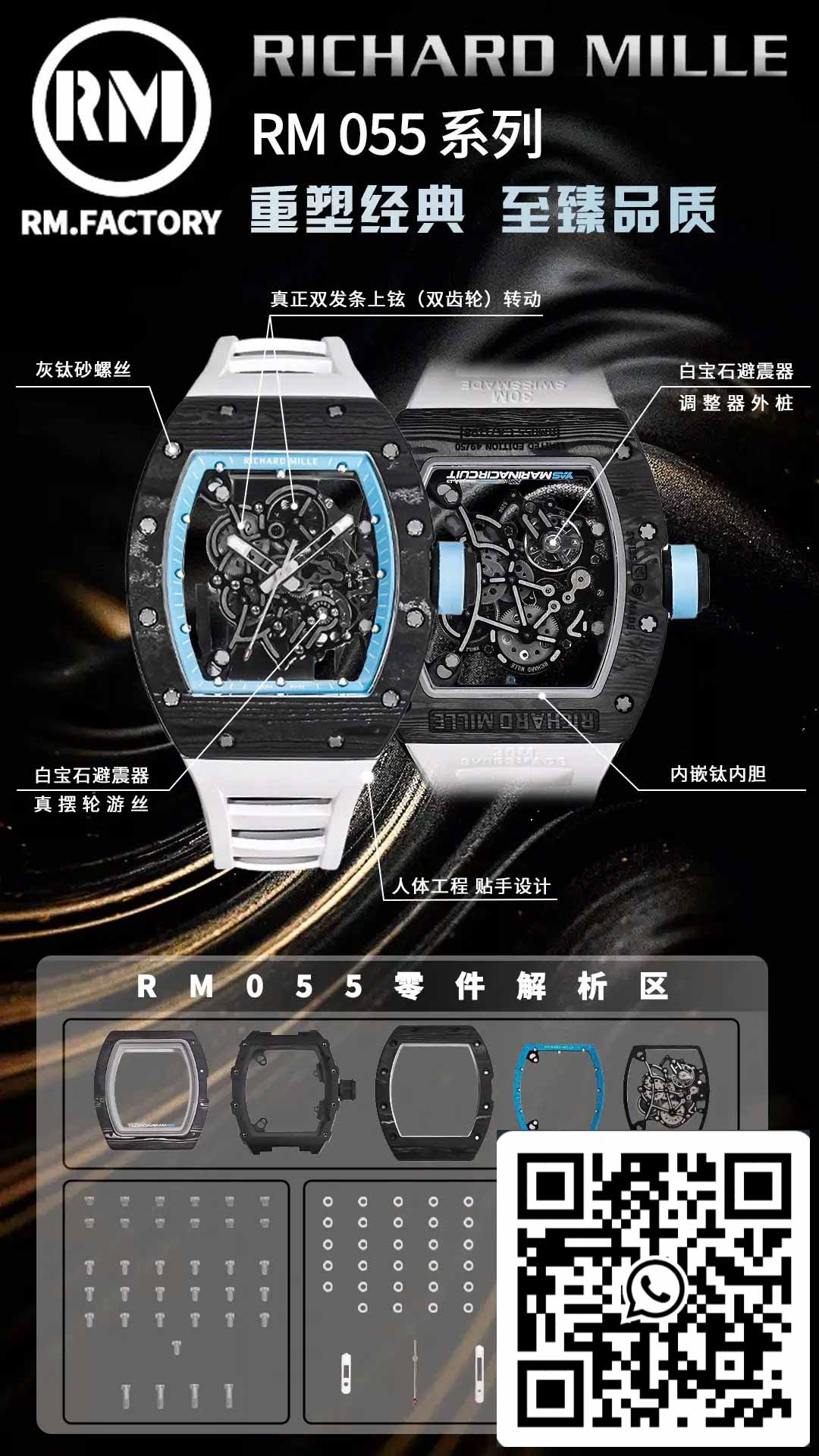 RICHARD MILLE RM055 Cassa in fibra di carbonio 1:1 Best Edition RM Factory nuovissimo 2024 Quadrante blu 