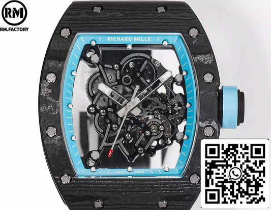 RICHARD MILLE RM055 Caja de fibra de carbono 1:1 Mejor edición RM Factory más reciente 2024 Esfera azul 