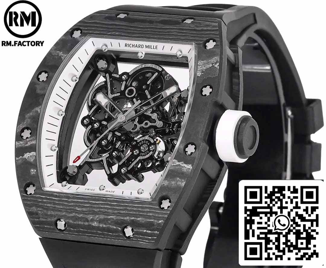 RICHARD MILLE RM055 Caja de fibra de carbono 1:1 Mejor edición RM Factory más reciente 2024 Esfera blanca 