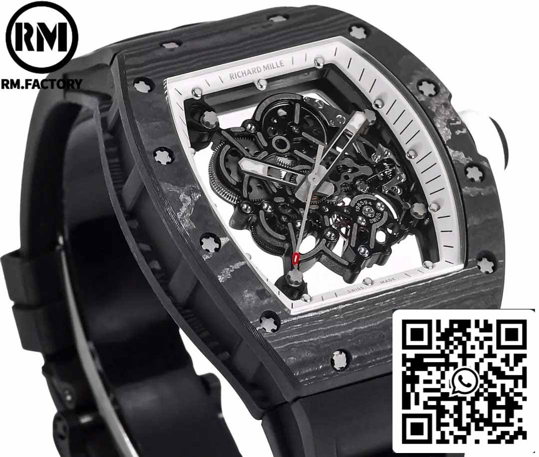 RICHARD MILLE RM055 Caja de fibra de carbono 1:1 Mejor edición RM Factory más reciente 2024 Esfera blanca 