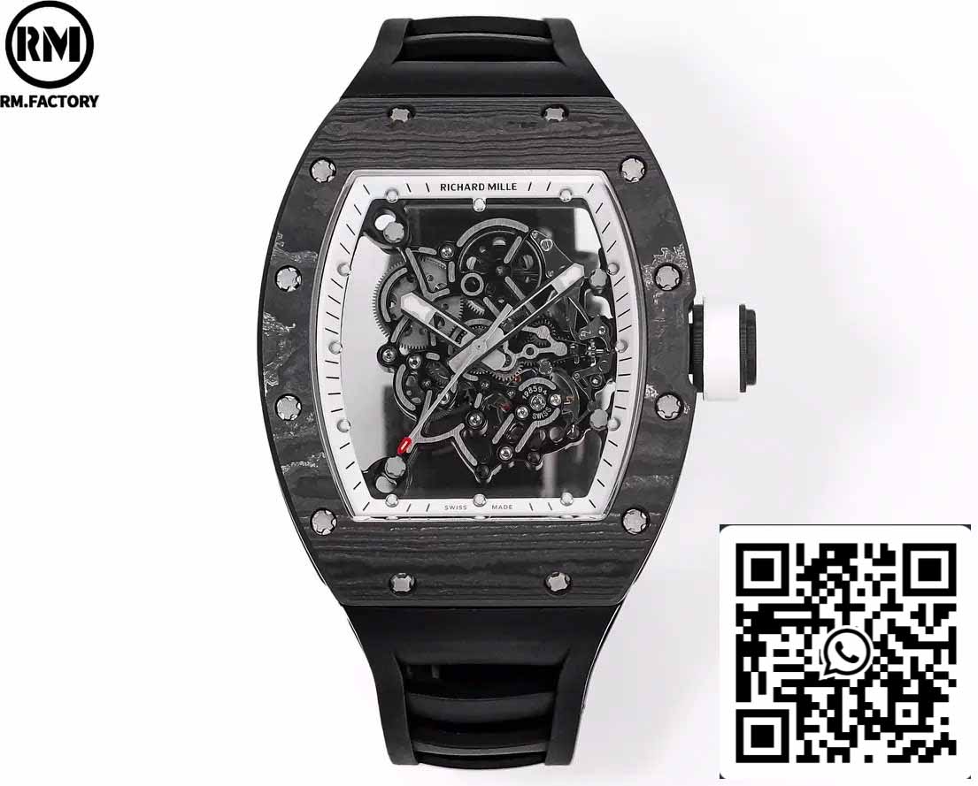 RICHARD MILLE RM055 Caja de fibra de carbono 1:1 Mejor edición RM Factory más reciente 2024 Esfera blanca 