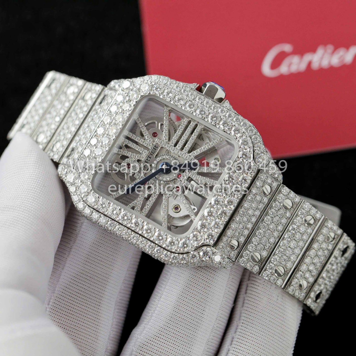 Reloj esqueleto de moissanita con esfera cuadrada y acabado helado Santos De Cartier, clon 1:1