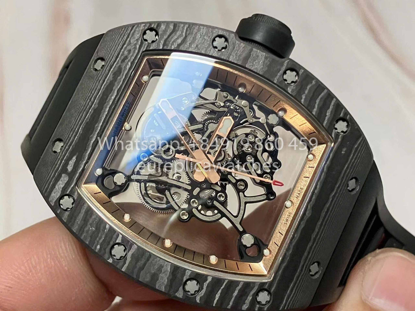 RICHARD MILLE RM055 Caja de fibra de carbono 1:1 Mejor edición RM Factory más reciente 2024 Esfera de oro rosa 