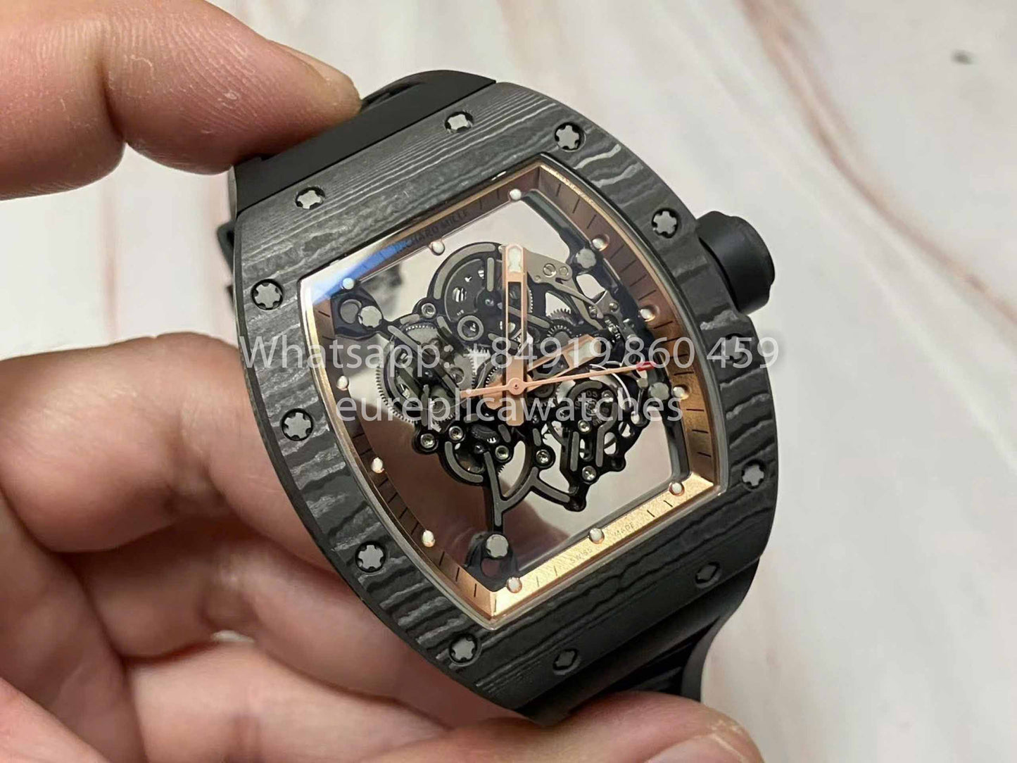 RICHARD MILLE RM055 Caja de fibra de carbono 1:1 Mejor edición RM Factory más reciente 2024 Esfera de oro rosa 