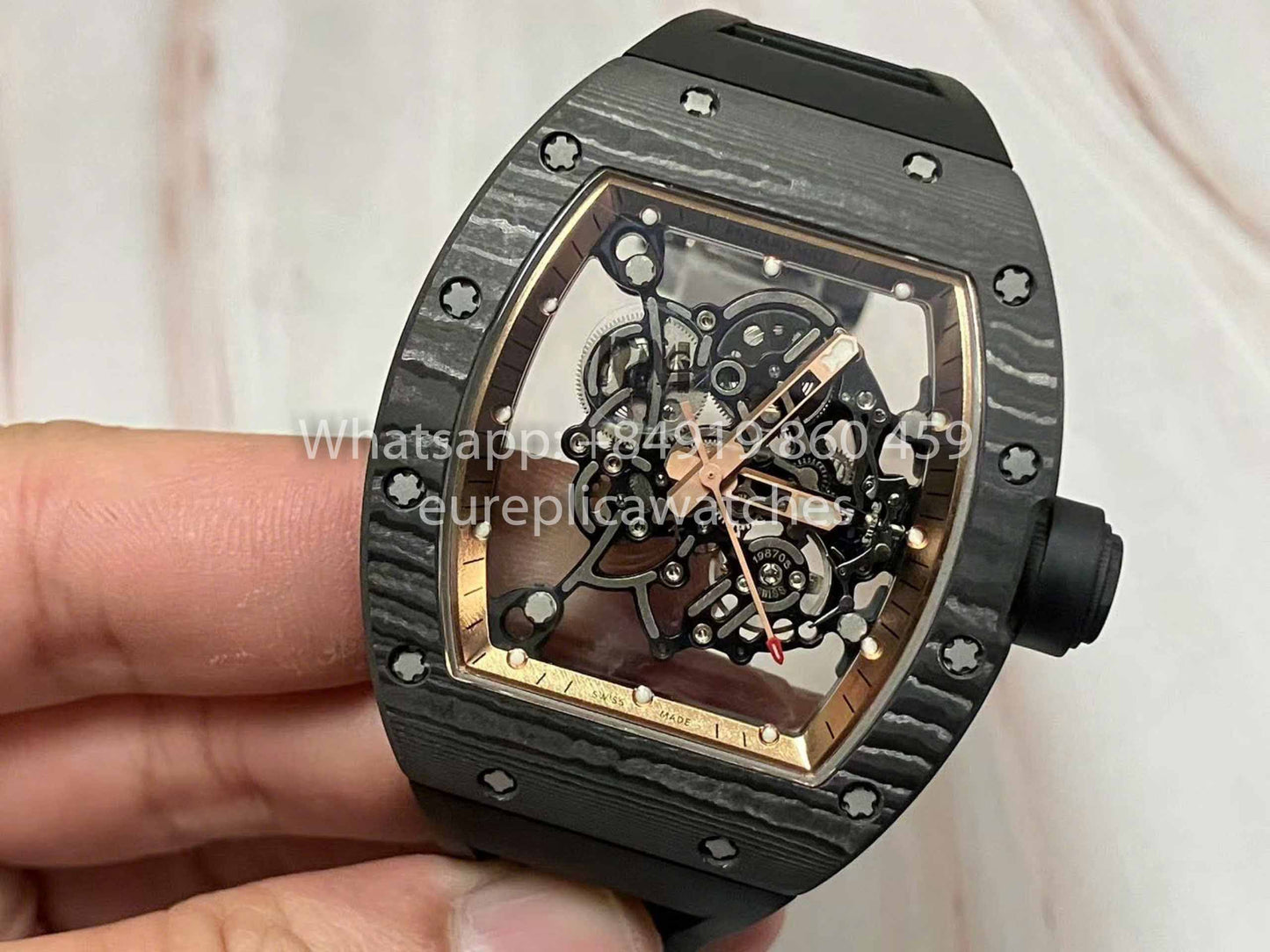 RICHARD MILLE RM055 Caja de fibra de carbono 1:1 Mejor edición RM Factory más reciente 2024 Esfera de oro rosa 