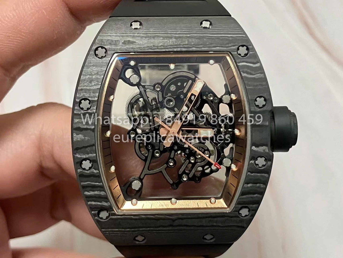 RICHARD MILLE RM055 Caja de fibra de carbono 1:1 Mejor edición RM Factory más reciente 2024 Esfera de oro rosa 