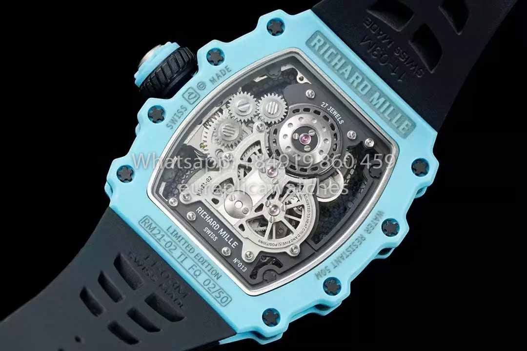 Reloj Richard Mille RM21-01 Tourbillon Tiffany azul 1:1 mejor clon RM Factory Correa negra